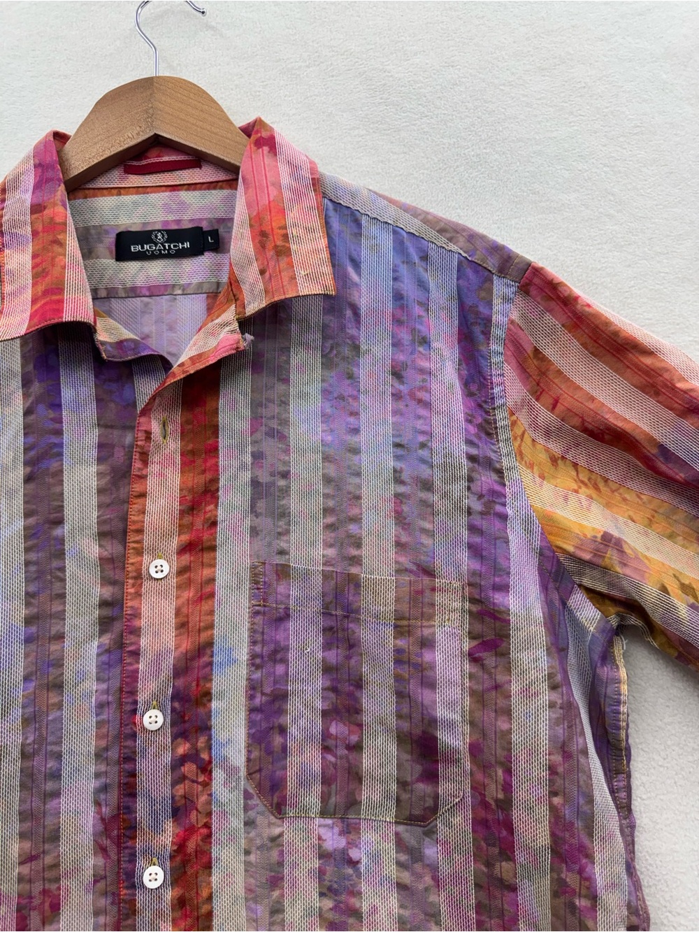Bugatchi Men Large Button Up Shirt Purple Orange Tie Dye Short Sleeve - Picture 3 of 9